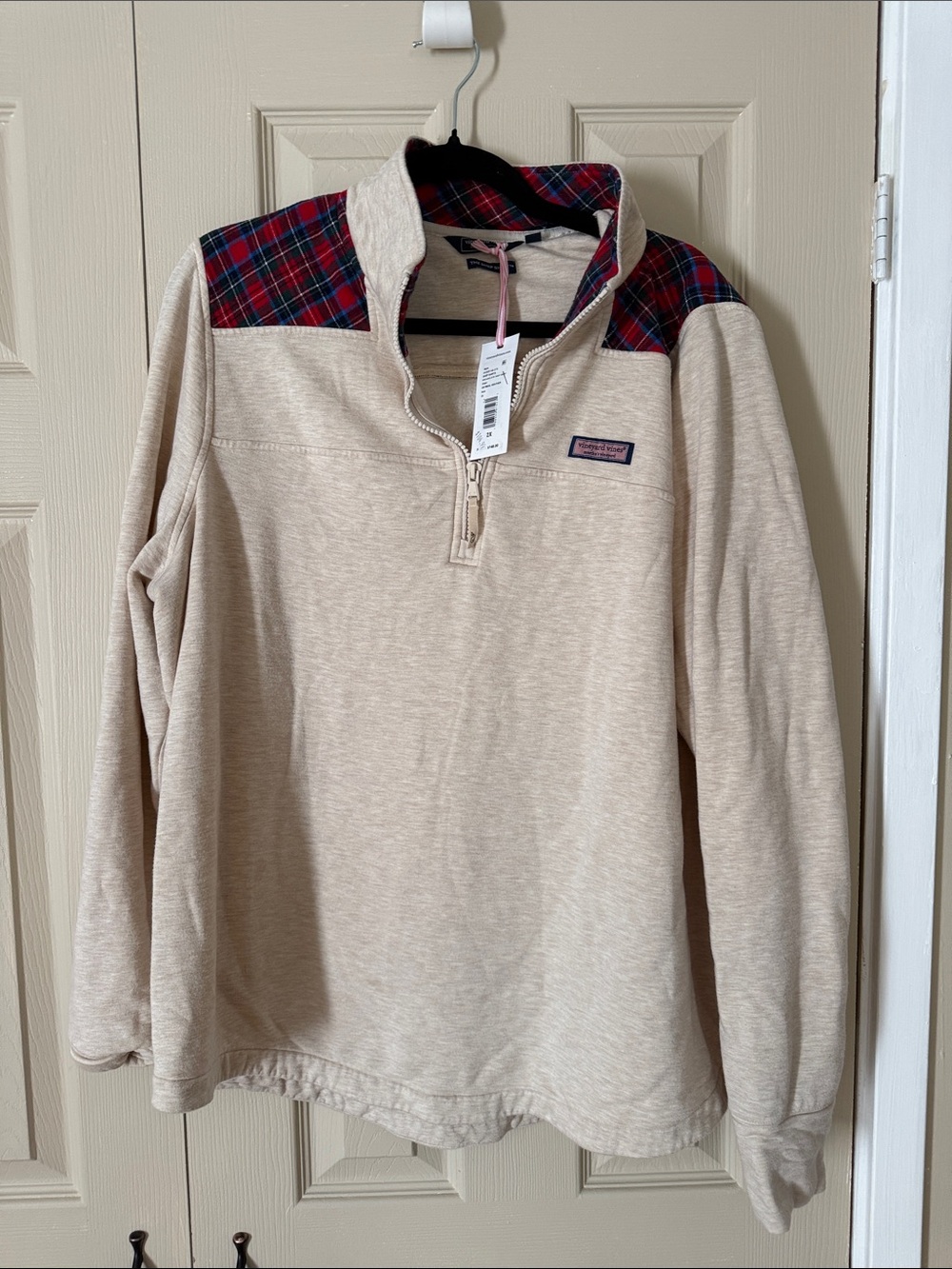 NWT 2X Vineyard Vines Plaid Yoke Half-Zip Shep Pullover - Beige & Red Plaid